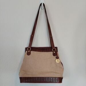 Brahmin Natural Canvas Leather Woven Small Tote Shoulder Bag Vintage